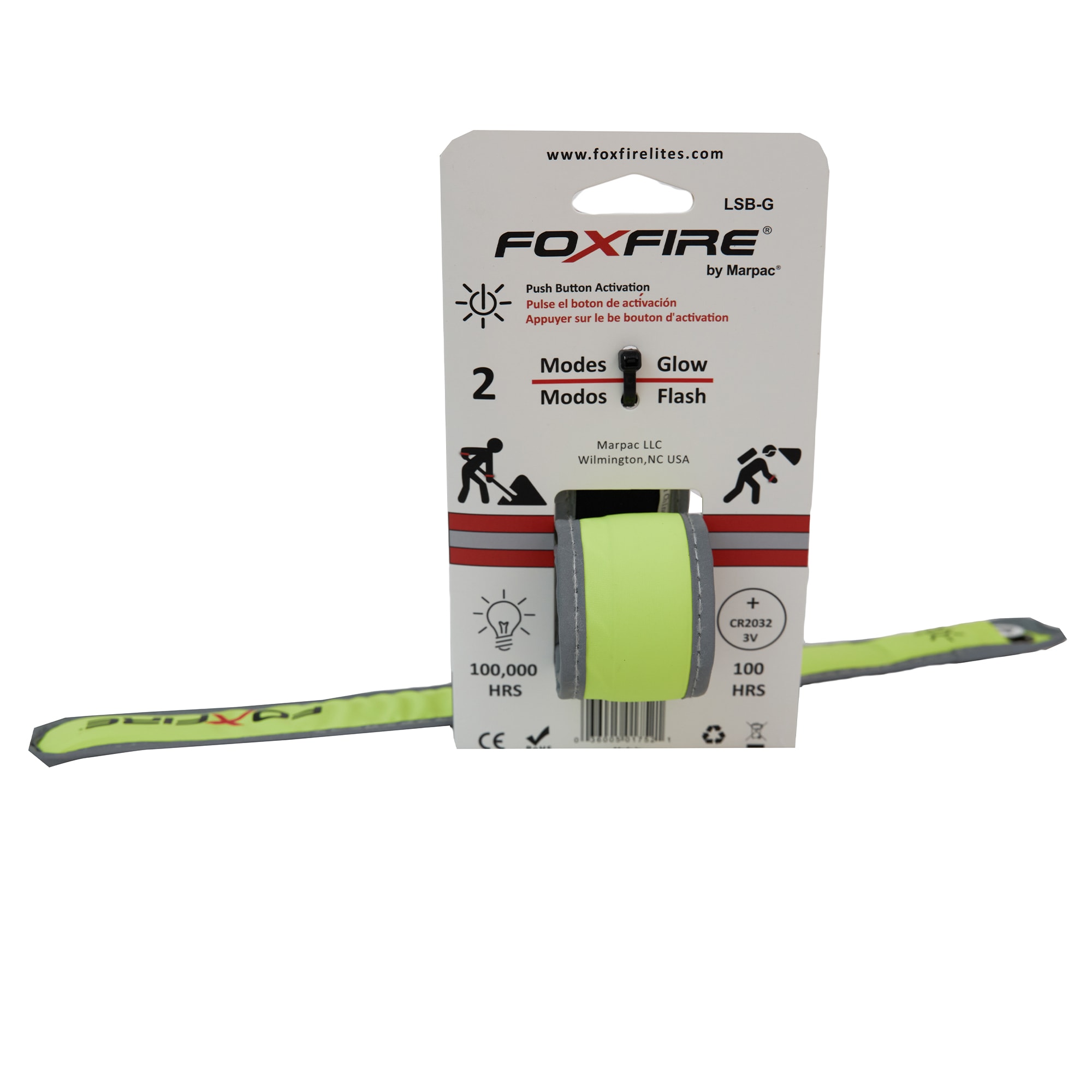 Banda de seguridad Foxfire: Coloca este brazalete altamente reflectante con LEDs intermitentes en tu brazo cuando estés trabajando en entornos con poca luz. Visible a más de 1/2 milla, esta luz tiene dos patrones de destello y un borde reflectante. 6001752
