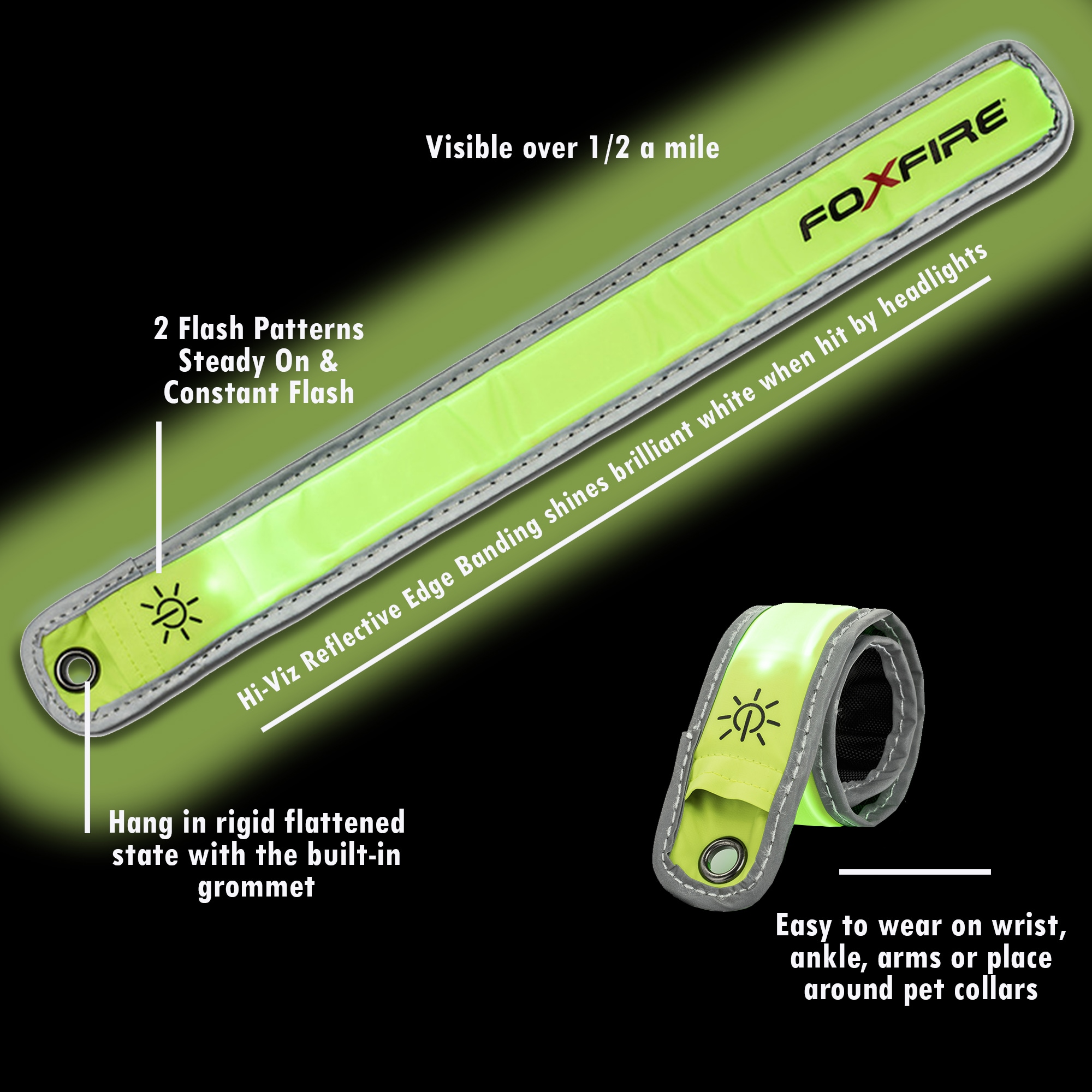 Banda de seguridad Foxfire: Coloca este brazalete altamente reflectante con LEDs intermitentes en tu brazo cuando estés trabajando en entornos con poca luz. Visible a más de 1/2 milla, esta luz tiene dos patrones de destello y un borde reflectante. 6001752