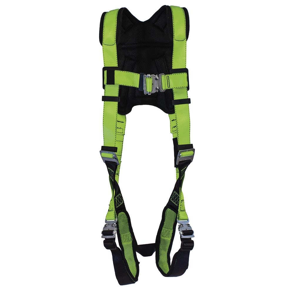 Arnés de seguridad acolchado de cuerpo completo PeakWorks con soporte lumbar, ajuste de 5 puntos, indicador de caída, anillo en D en la espalda, hebillas de pierna de bloqueo de estabilidad, color verde/negro de alta visibilidad, ajuste universal V8006100