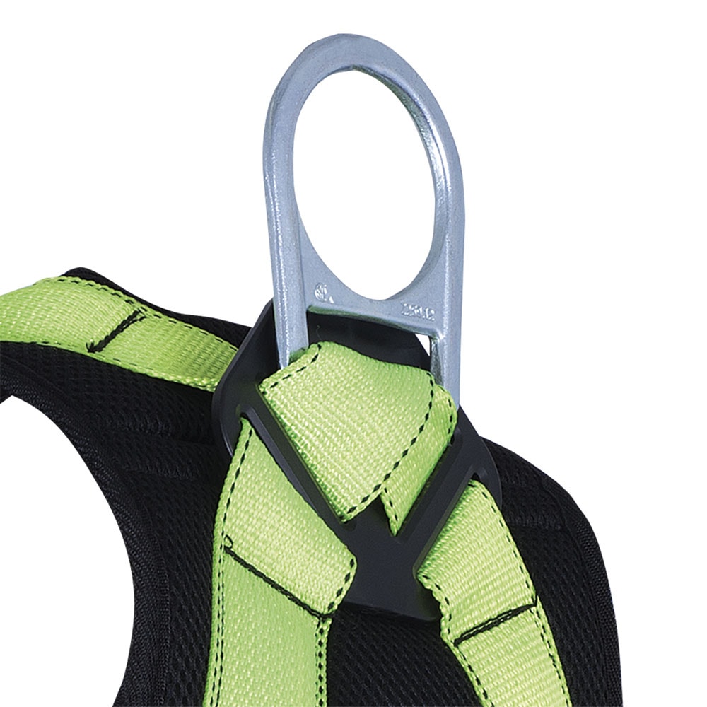 Arnés de seguridad acolchado de cuerpo completo PeakWorks con soporte lumbar, ajuste de 5 puntos, indicador de caída, anillo en D en la espalda, hebillas de pierna de bloqueo de estabilidad, color verde/negro de alta visibilidad, ajuste universal V8006100