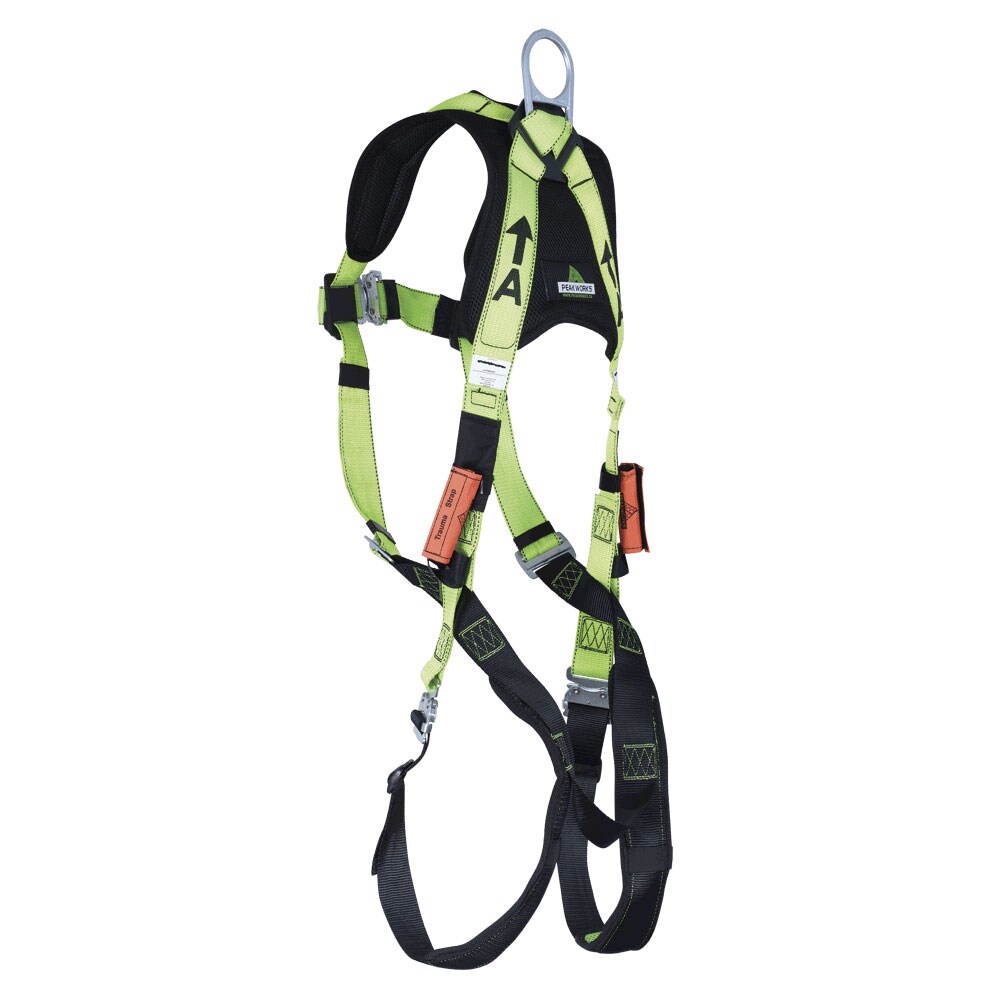Arnés de seguridad acolchado de cuerpo completo PeakWorks con soporte lumbar, ajuste de 5 puntos, indicador de caída, anillo en D en la espalda, hebillas de pierna de bloqueo de estabilidad, color verde/negro de alta visibilidad, ajuste universal V8006100
