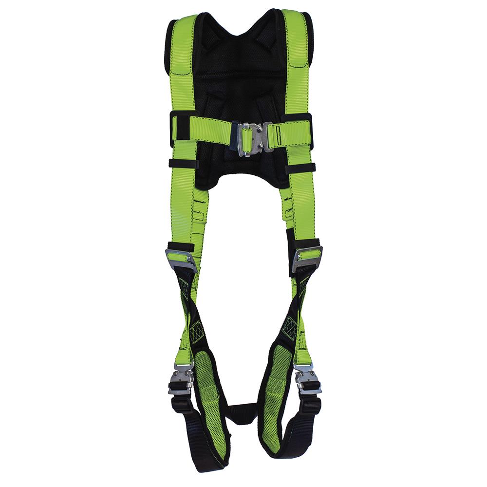 Arnés de seguridad acolchado de cuerpo completo PeakWorks con soporte lumbar, ajuste de 5 puntos, indicador de caída, anillo en D en la espalda, hebillas de pierna de bloqueo de estabilidad, color verde/negro de alta visibilidad, ajuste universal V8006100