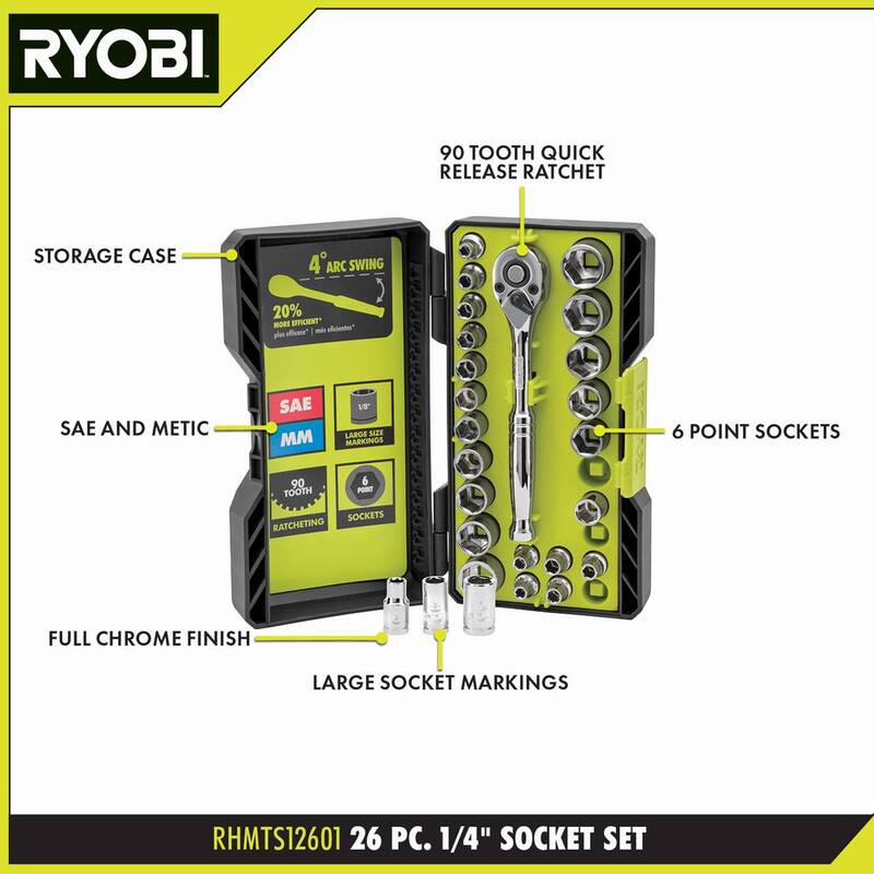 Set de trinquete y dados de 1/4 de pulgada de 26 piezas RYOBI - RHMTS12601