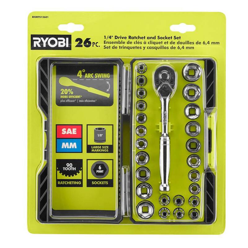 Set de trinquete y dados de 1/4 de pulgada de 26 piezas RYOBI - RHMTS12601