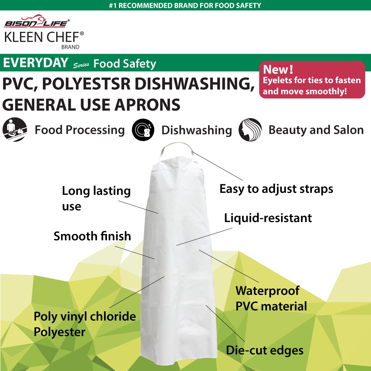 Delantal blanco grande de PVC, cuero de poliéster resistente al agua, aceite, 47 x 35 pulgadas, BISON LIFE (paquete de 2) BLKC-ES-PVC-AP1W-2