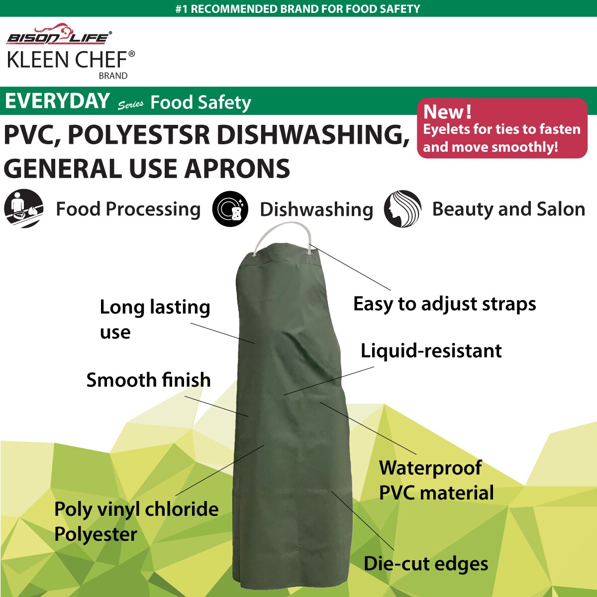Delantal Grande Impermeable Verde de PVC, Cuero de Poliéster de 47 x 35 pulgadas, Resistente al Agua y al Aceite (Paquete de 2)