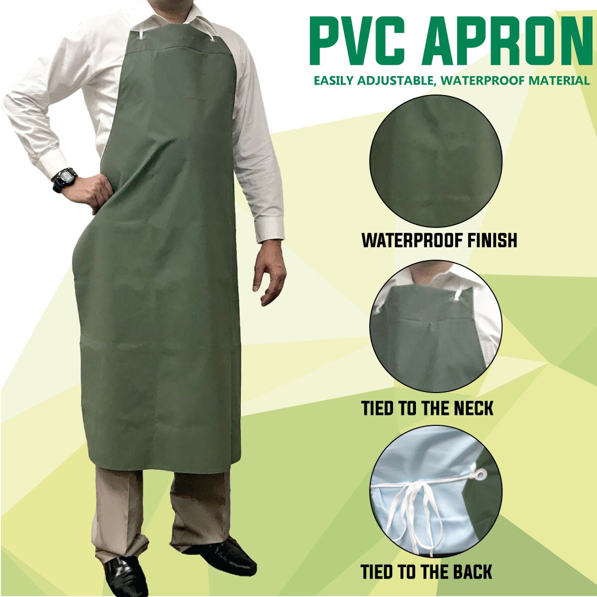 Delantal Grande Impermeable Verde de PVC, Cuero de Poliéster de 47 x 35 pulgadas, Resistente al Agua y al Aceite (Paquete de 2)