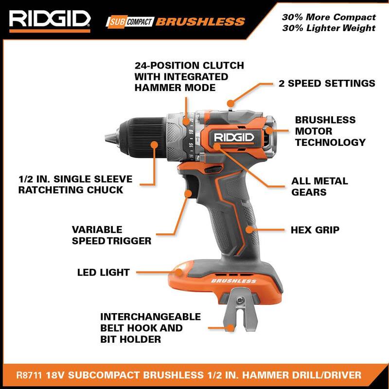 Kit de Taladro de Martillo RIDGID 18V SubCompact Brushless 1/2 pulgada con (2) Baterías, Cargador, Bolsa y Batería de Litio-Ion de Salida Máxima de 4.0 Ah - R871K-AC840040