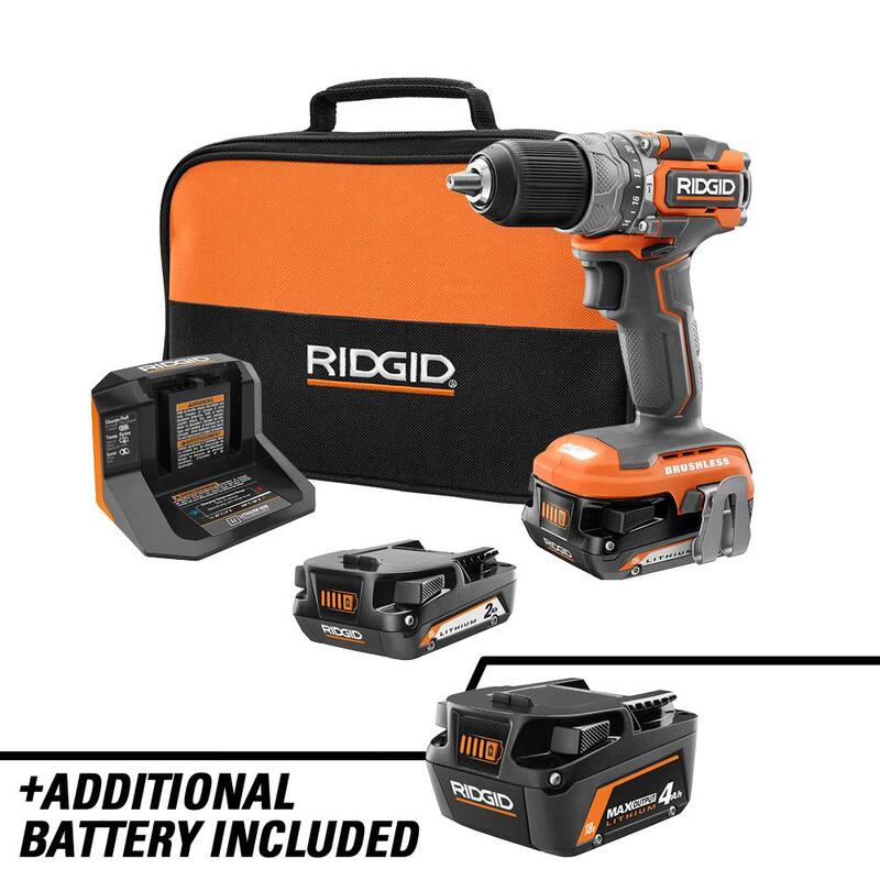 Kit de Taladro de Martillo RIDGID 18V SubCompact Brushless 1/2 pulgada con (2) Baterías, Cargador, Bolsa y Batería de Litio-Ion de Salida Máxima de 4.0 Ah - R871K-AC840040