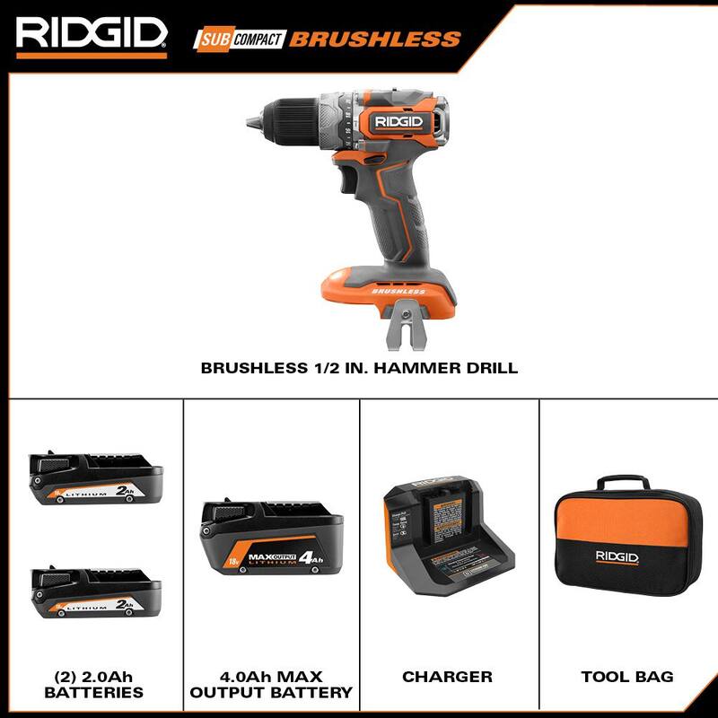 Kit de Taladro de Martillo RIDGID 18V SubCompact Brushless 1/2 pulgada con (2) Baterías, Cargador, Bolsa y Batería de Litio-Ion de Salida Máxima de 4.0 Ah - R871K-AC840040