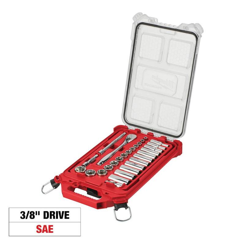 Juego de herramientas de mecánica de trinquete y casquillos SAE de 3/8 pulgadas de Milwaukee con estuche Packout (28 piezas) - 48-22-9481.