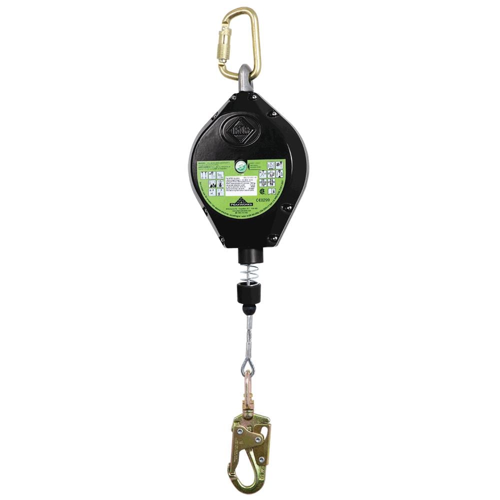 Autoretén de PeakWorks con cable de acero galvanizado, gancho tipo mosquetón, 140 pies de largo, negro V845533140