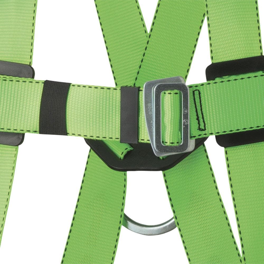 Arnés de seguridad de cuerpo completo PeakWorks, ajuste de 5 puntos con indicador de caída, anillos D del respaldo y los laterales, hebillas de pierna con ojales, color verde/negro de alta visibilidad, ajuste universal V8002210