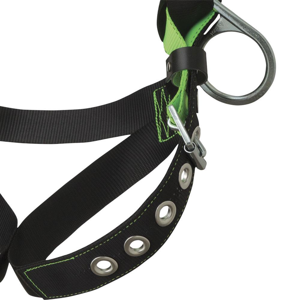 Arnés de seguridad de cuerpo completo PeakWorks, ajuste de 5 puntos con indicador de caída, anillos D del respaldo y los laterales, hebillas de pierna con ojales, color verde/negro de alta visibilidad, ajuste universal V8002210