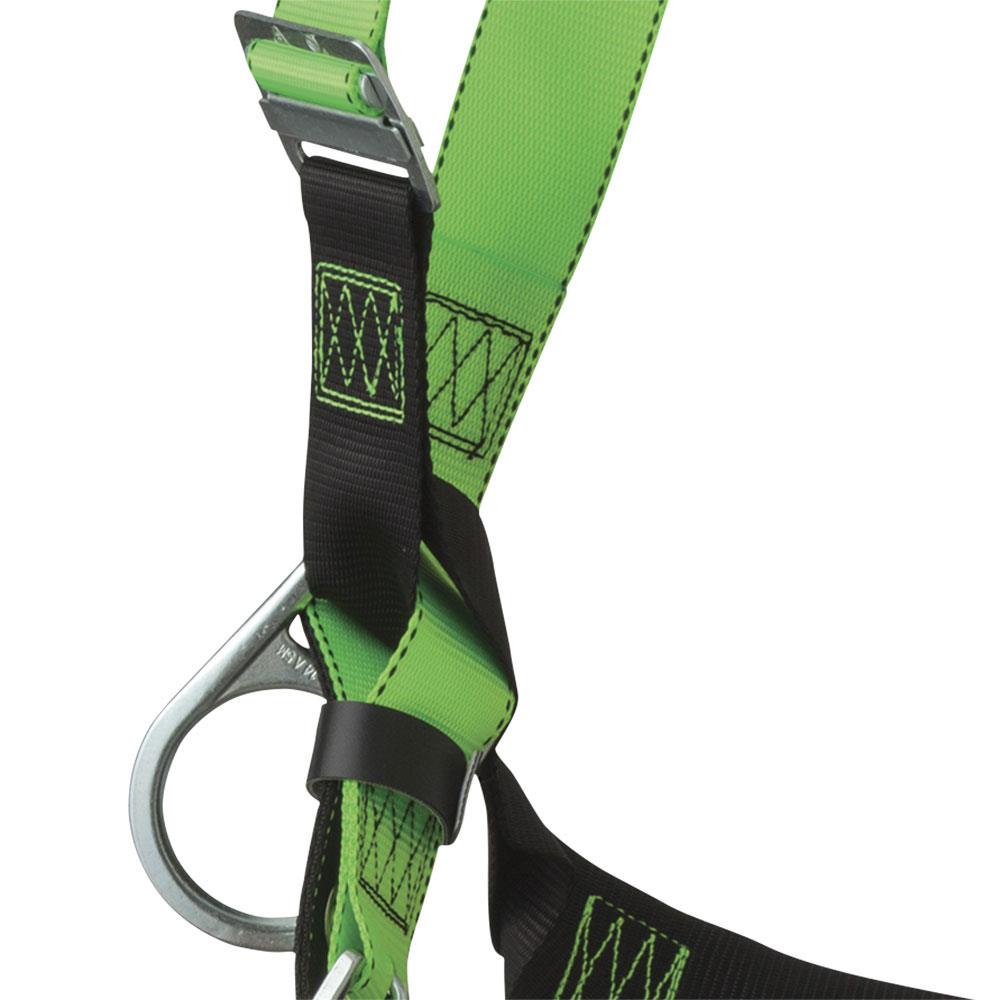 Arnés de seguridad de cuerpo completo PeakWorks, ajuste de 5 puntos con indicador de caída, anillos D del respaldo y los laterales, hebillas de pierna con ojales, color verde/negro de alta visibilidad, ajuste universal V8002210