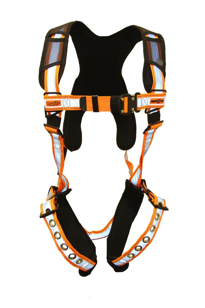 Arnes de seguridad reflectante Guardian Fall Protection con hebillas de conexión rápida, talla extra grande, naranja/negro 21059.
