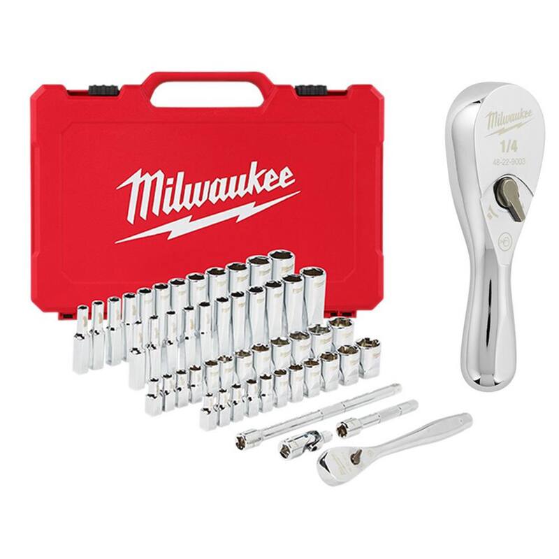Juego de herramientas mecánicas Milwaukee de 1/4 de pulgada con trinquete SAE/métrico y dado con trinquete corto de 3 pulgadas de 1/4 de pulgada (51 piezas) - 48-22-9004-48-22-9036