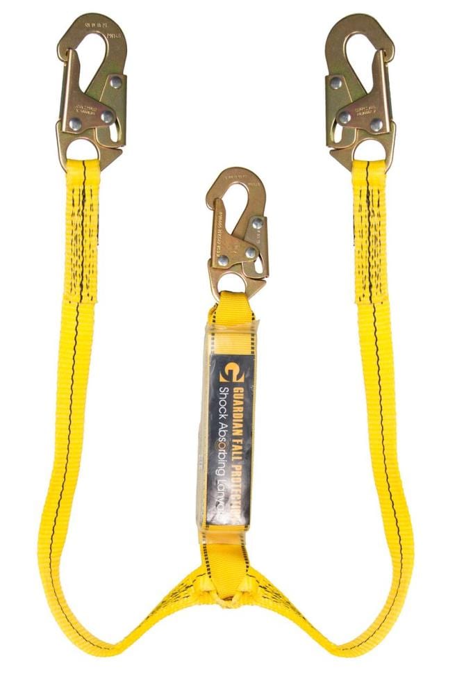 Guardian Fall Protection - Lanyard con mosquetón de acero, 1 pulgada de cinta de nylon, paquete de absorción de impactos transparente, resistencia de 3,600 lb, color amarillo, tamaño grande 01230