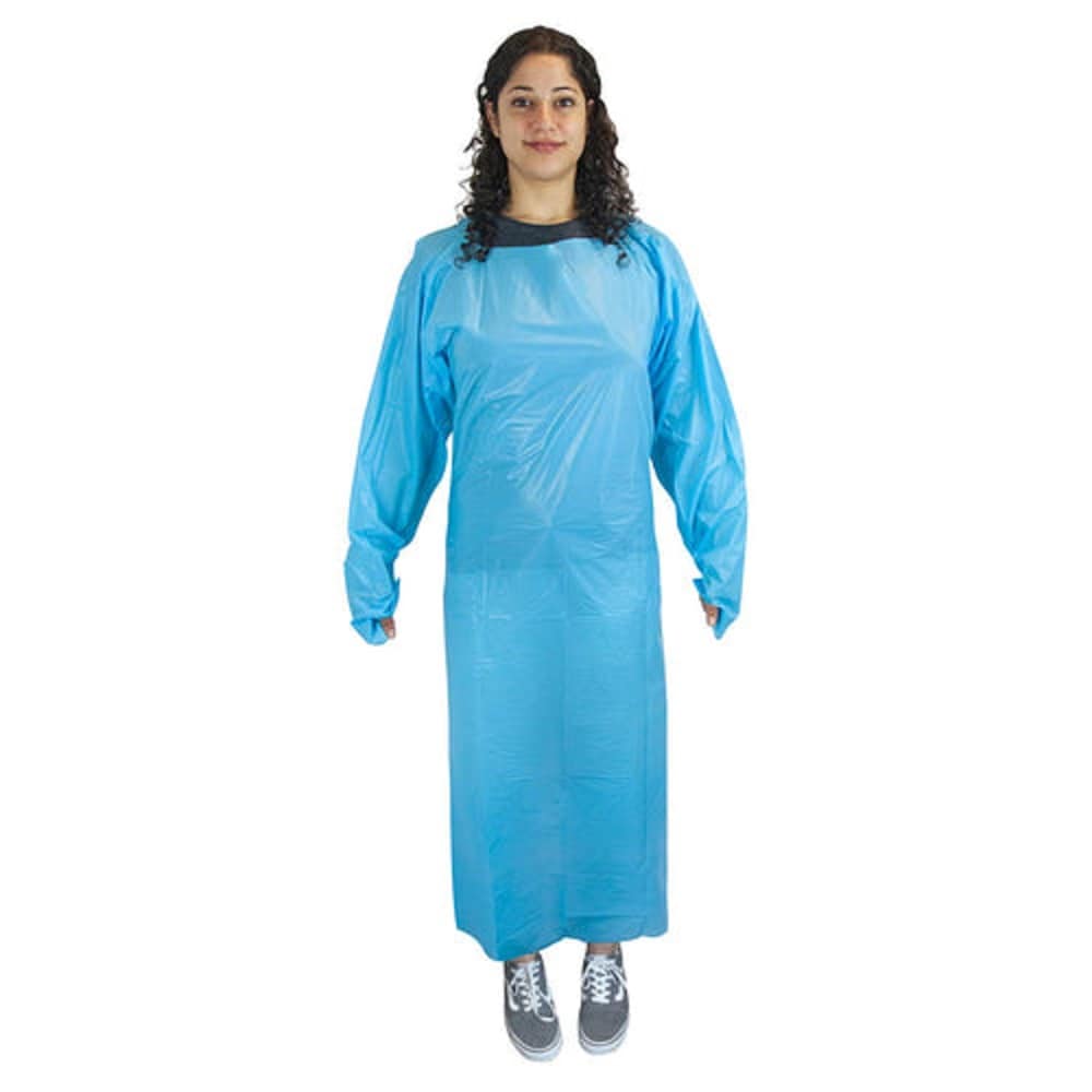 BATA DESECHABLE AZUL DE POLIETILENO FUNDIDO CON MANGAS, BISON LIFE 54 X 79 PULGADAS, CON PRESILLAS PARA EL PULGAR (PAQUETE DE 200) BLSH-MS20-CPE-BL-200