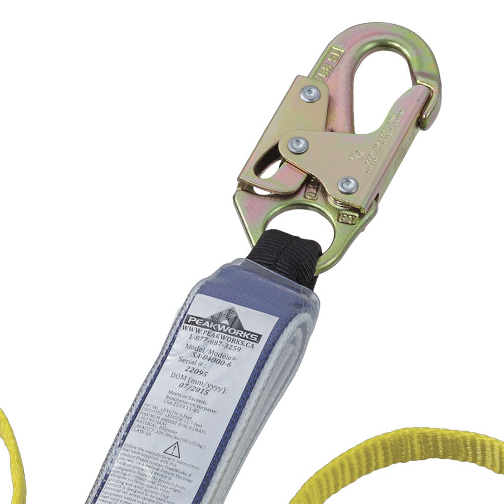 Amortiguador de impactos de doble pierna PeakWorks con ganchos de seguridad, 6 pies de longitud, resistente a los rayos UV y la abrasión, fibra de poliéster, verde/negro V8104406