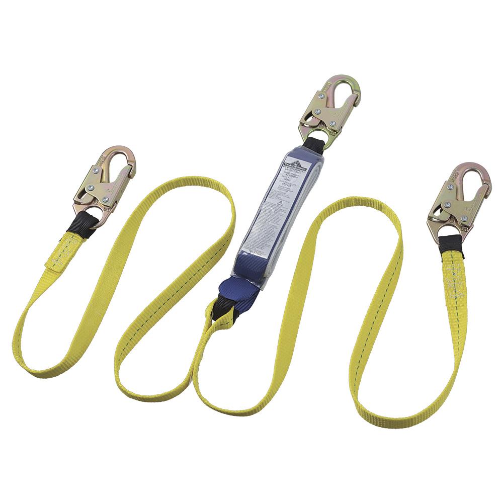 Amortiguador de impactos de doble pierna PeakWorks con ganchos de seguridad, 6 pies de longitud, resistente a los rayos UV y la abrasión, fibra de poliéster, verde/negro V8104406