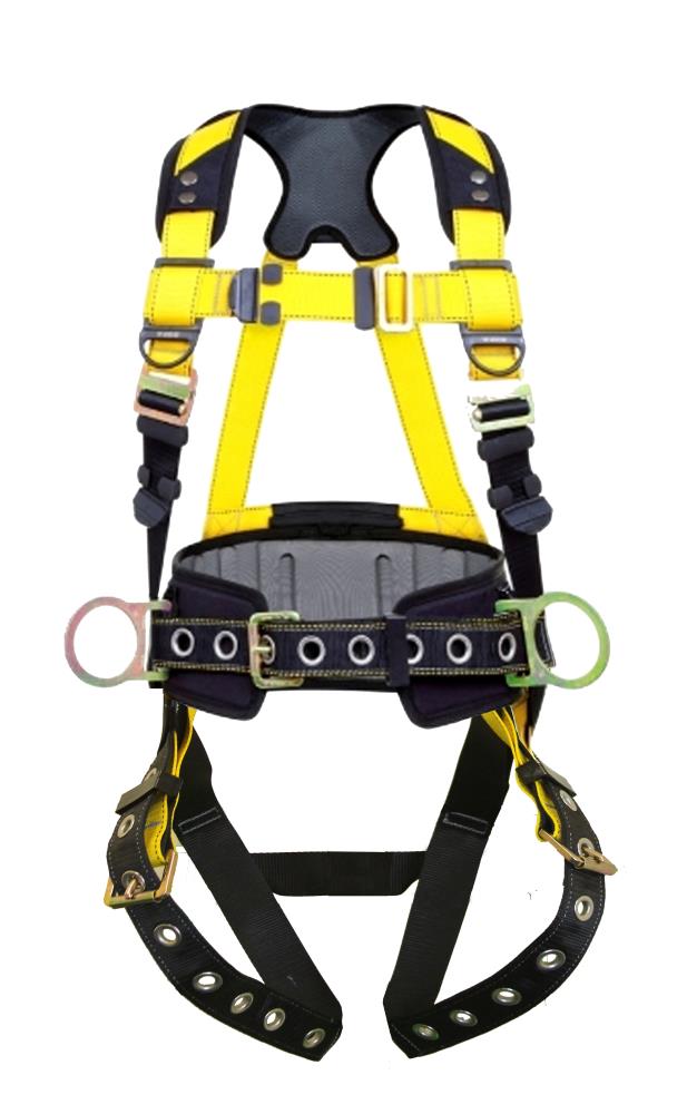 Arnés de seguridad amarillo Guardian Fall Protection con almohadilla para la cintura, 3 anillas en D, talla extra grande, hecho en EE. UU. 37194