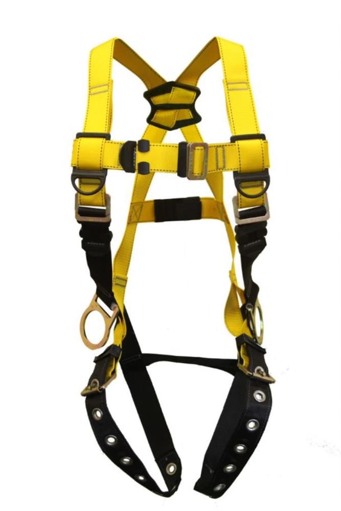 Arnés de seguridad amarillo Guardian Fall Protection con 3 argollas en D, tamaño pequeño, cintas internas contrastantes, doble sujetador para cordones 37012.