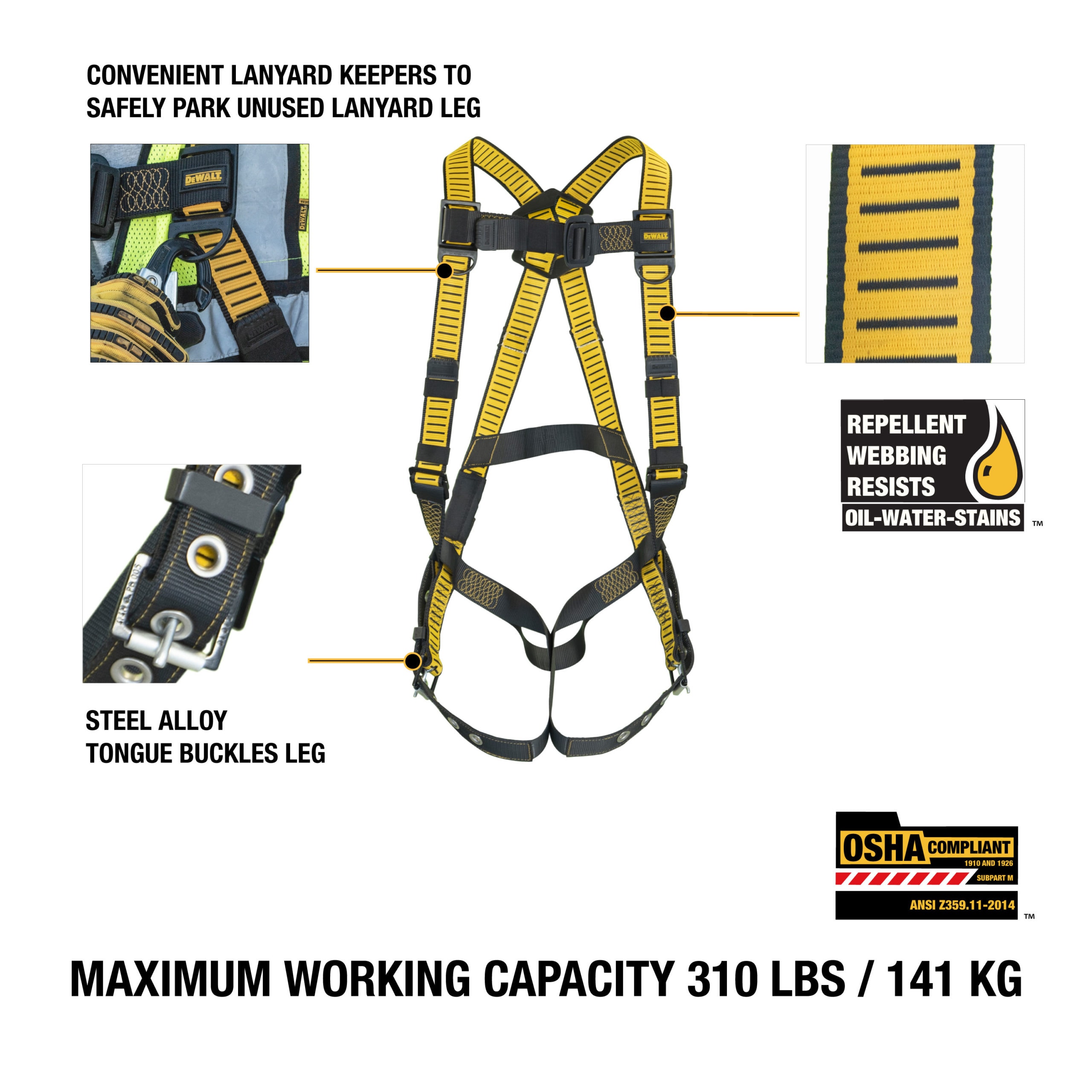 Arnes Dewalt D1000, Ajuste de 5 Puntos con Piernas de Hebilla de Lengüeta DXFP512002