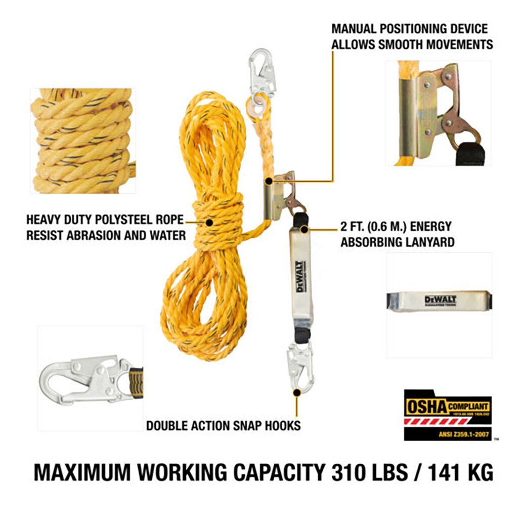 DEWALT Línea de Vida Vertical Dewalt de 50' con Ajustador de Cuerda DXFP210050