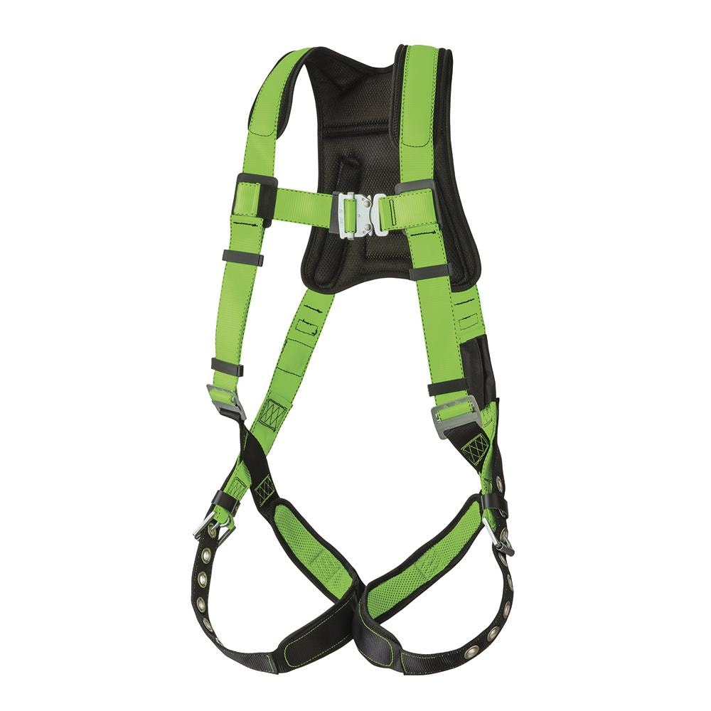 Arnés de seguridad acolchado de cuerpo completo PeakWorks con soporte lumbar, ajuste de 5 puntos, indicador de caída, anilla en D en la espalda, hebillas de pierna con ojales, color verde/negro de alta visibilidad, ajuste universal V8006200