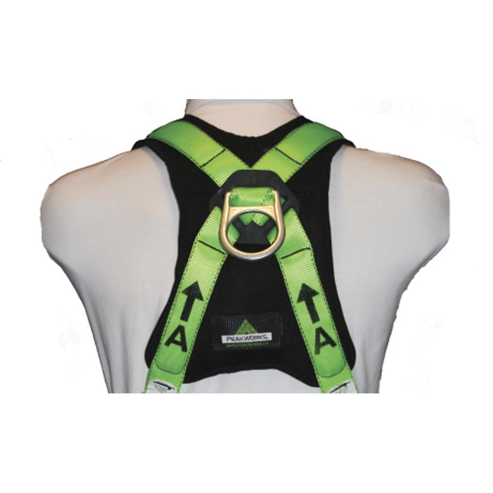 Arnés de seguridad acolchado de cuerpo completo PeakWorks con soporte lumbar, ajuste de 5 puntos, indicador de caída, anilla en D en la espalda, hebillas de pierna con ojales, color verde/negro de alta visibilidad, ajuste universal V8006200