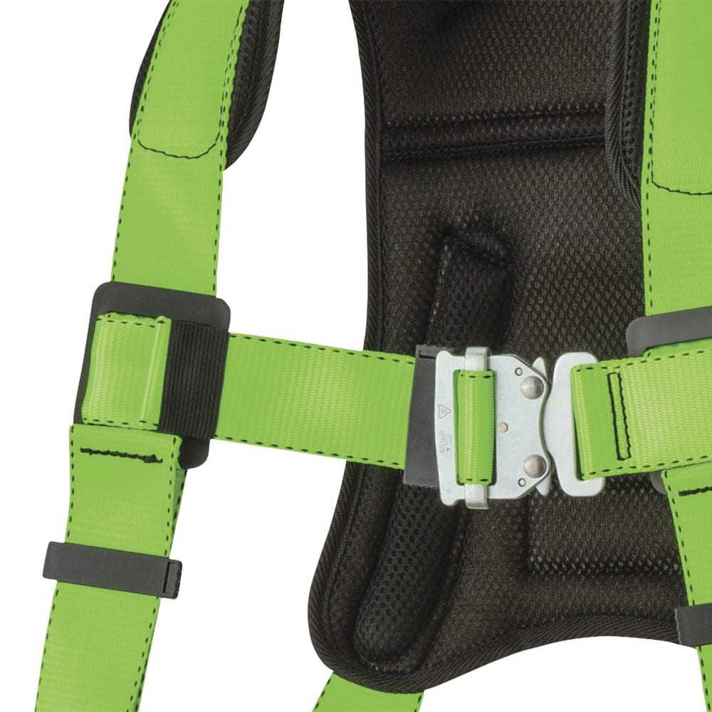 Arnés de seguridad acolchado de cuerpo completo PeakWorks con soporte lumbar, ajuste de 5 puntos, indicador de caída, anilla en D en la espalda, hebillas de pierna con ojales, color verde/negro de alta visibilidad, ajuste universal V8006200