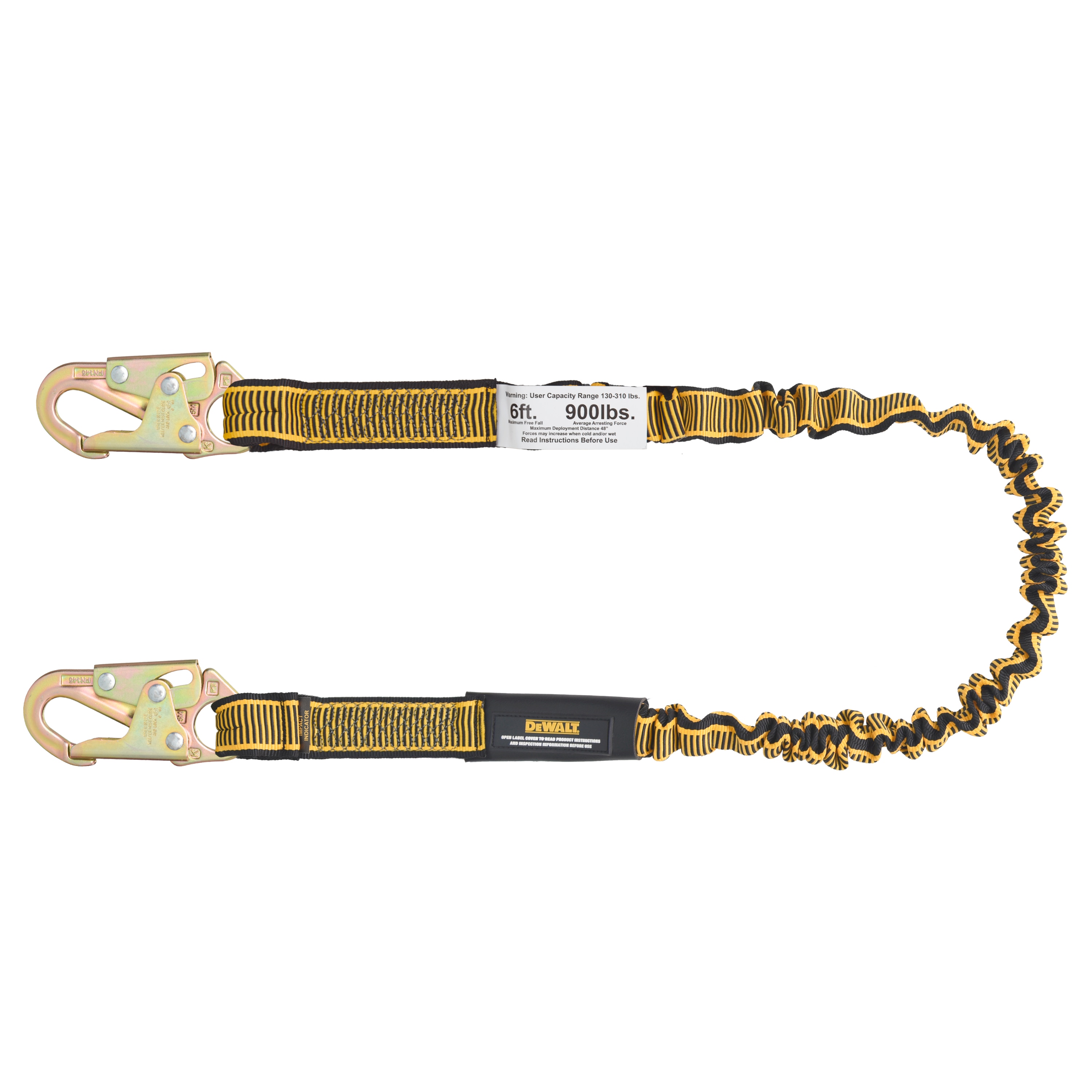 Dewalt 6 pies Lanyard, Sola, Absorbedor Interno, Lanyard elástico de 4 a 6 pies con ganchos de seguridad de acero en ambos extremos DXFP613100