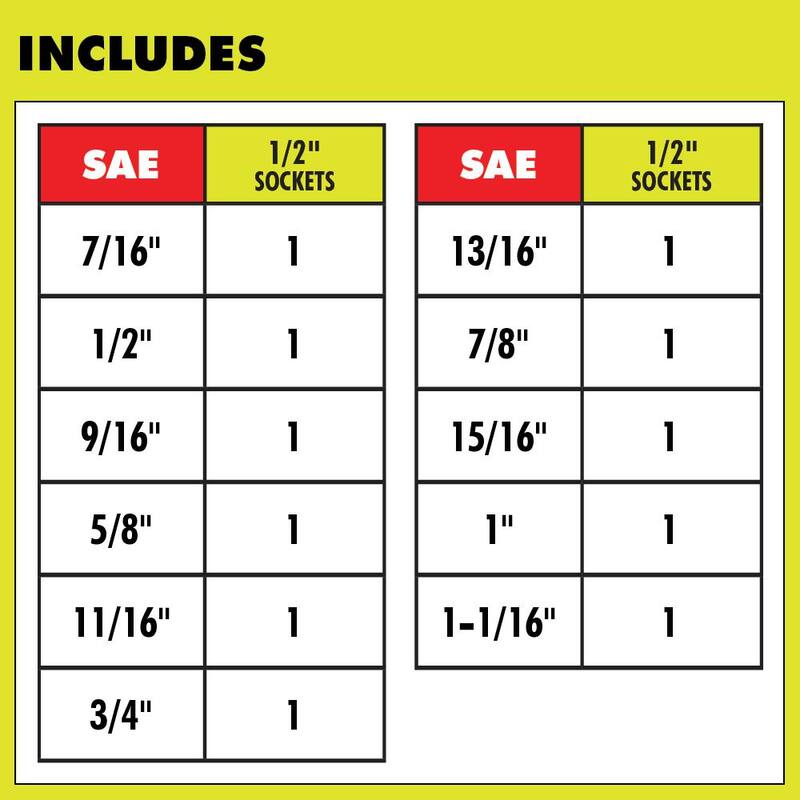 Juego de dados de impacto profundos RYOBI de 1/2 pulgadas (11 piezas) - RHMTIS31101
