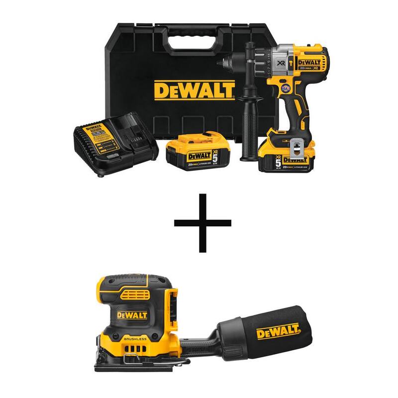 Kit de Taladro Martillo Inalámbrico sin escobillas DEWALT 20V MAX XR de 1/2 pulg. y Lijadora de Velocidad Variable de 1/4 de Hoja 20V sin escobillas (Herramientas únicamente) - DCD996P2WDCW200