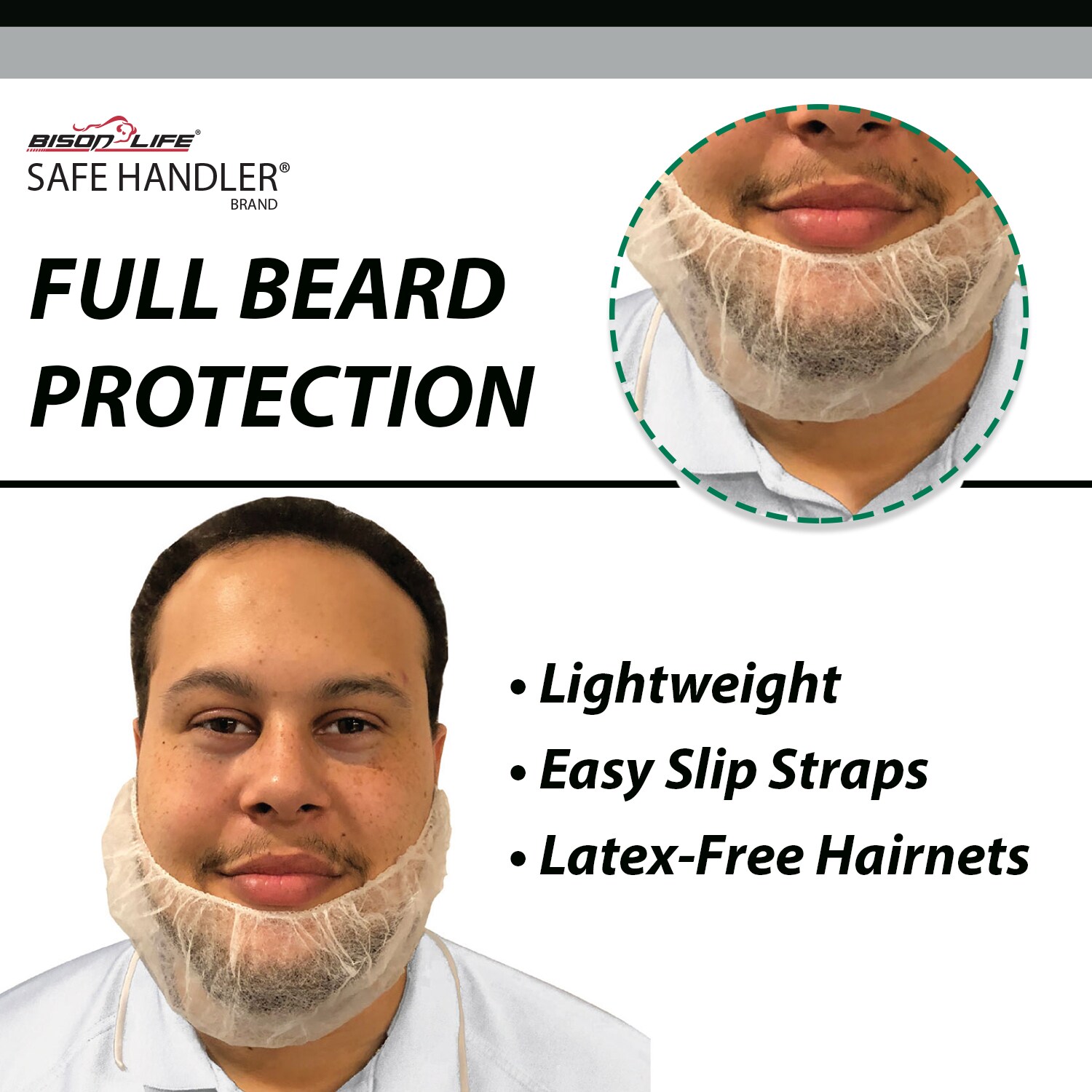 BISON LIFE Protector Desechable para Barba de Polipropileno Resistente, Blanco, 18 Pulgadas, Sin Látex, Transpirable, Ajuste Seguro, No Tejido, Paquete de 200 SH-MS-BP-14W-100-200