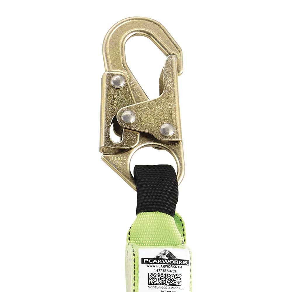 Absorbedor de Choque para Pierna Única de PeakWorks con Ganchos de Seguridad y Anillo D, 6 pies de largo, Resistente a los rayos UV y la abrasión, Tela de Poliéster, Verde/negro V8104356
