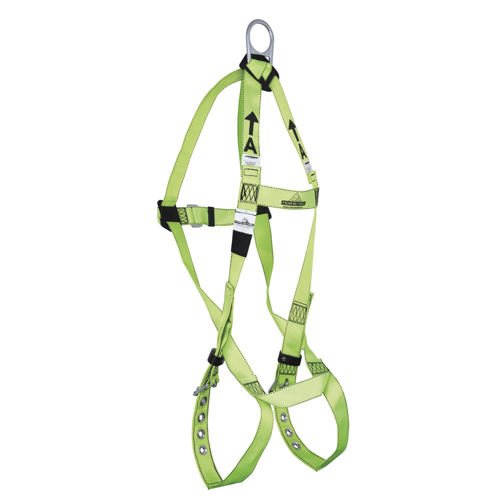 Arnés de seguridad de cuerpo completo PeakWorks, cumple con las normativas, ajuste de 3 puntos con indicador de caída, anillo D trasero, hebillas de pierna con ojales, color verde de alta visibilidad, talla universal V8001200