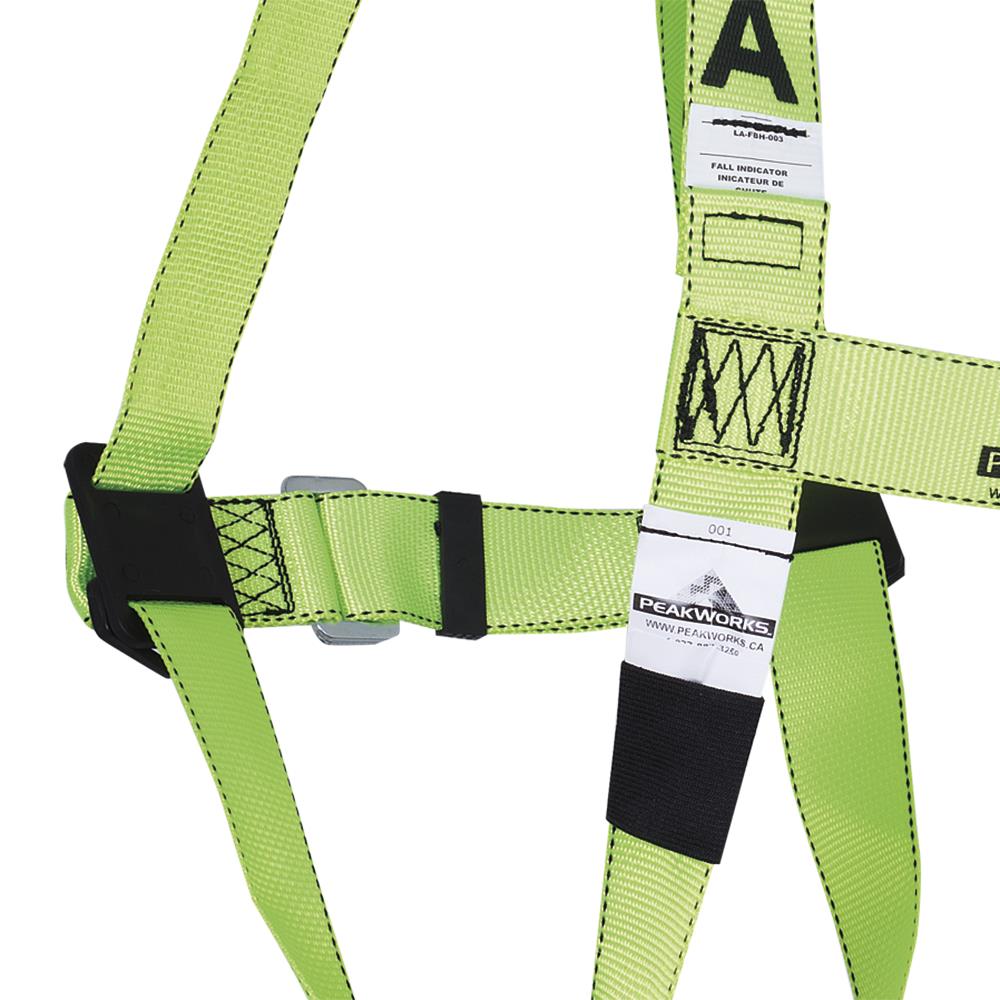 Arnés de seguridad de cuerpo completo PeakWorks, cumple con las normativas, ajuste de 3 puntos con indicador de caída, anillo D trasero, hebillas de pierna con ojales, color verde de alta visibilidad, talla universal V8001200