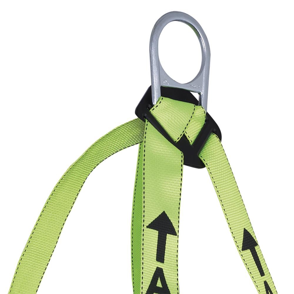 Arnés de seguridad de cuerpo completo PeakWorks, cumple con las normativas, ajuste de 3 puntos con indicador de caída, anillo D trasero, hebillas de pierna con ojales, color verde de alta visibilidad, talla universal V8001200