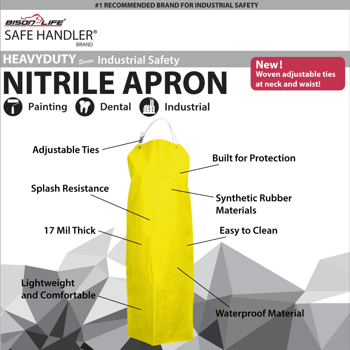 BATA INDUSTRIAL DE NITRILO AMARILLO DE 35" X 48" DE ALTA RESISTENCIA BISON LIFE, CON CORREA PARA EL CUELLO AJUSTABLE, RESISTENTE A QUÍMICOS Y ACEITES (PAQUETE DE 2) BLSH-HDS-HYNI-AP1Y-2
