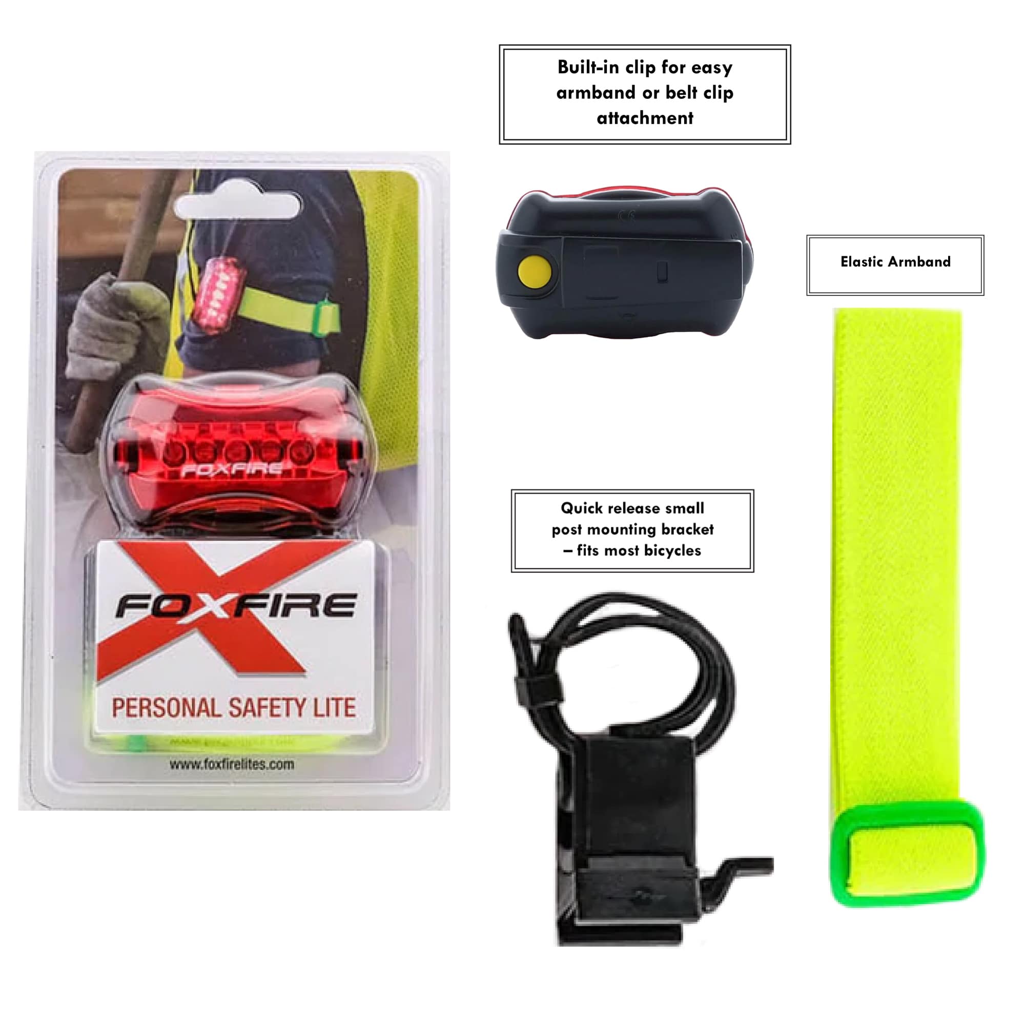 Luz de seguridad personal Foxfire Foxfire es esencial para aquellos que trabajan o juegan en un entorno de poca luz. Visible a más de 1/2 milla, esta luz cuenta con 6 modos de funcionamiento e incluye una banda elástica para el brazo y un soporte para poste. 7005320