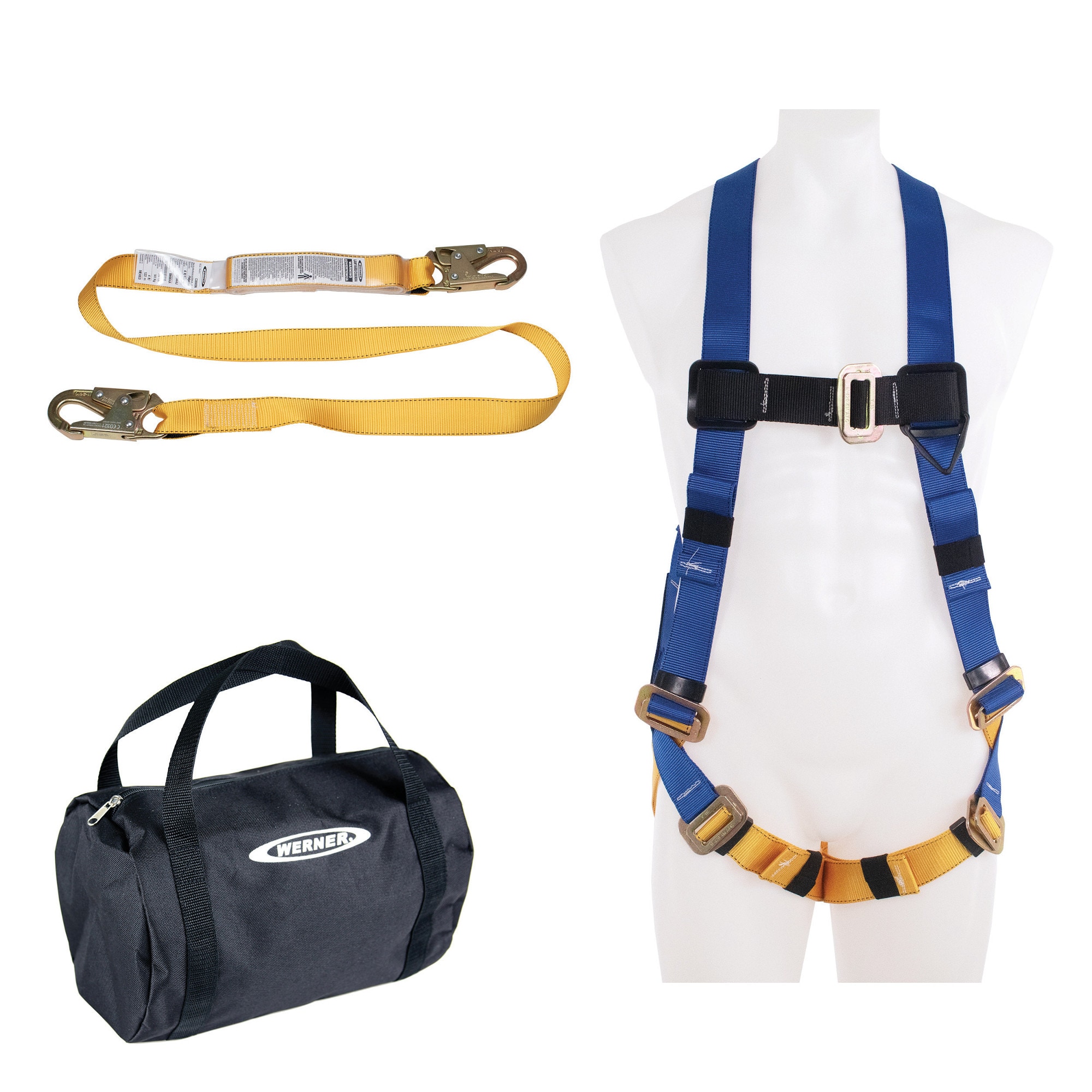 Kit de protección contra caídas Werner, K121043, Aéreo, Base Ware, Estándar, Arnés, Desenrollador, Arnés de doble pierna, Línea de vida, Bolso de herramientas K121013