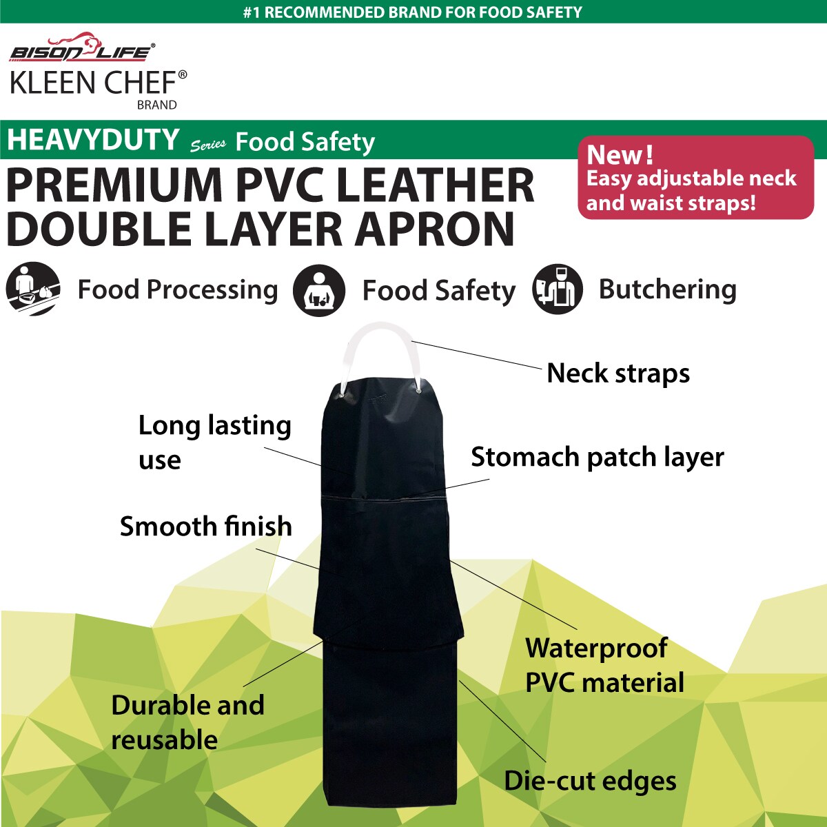 Delantal de piel de PVC negra de doble capa, resistente a químicos y agua de BISON LIFE 33 x 45 pulgadas (paquete de 2) BLKC-HDS-PVC-AP1BK-2