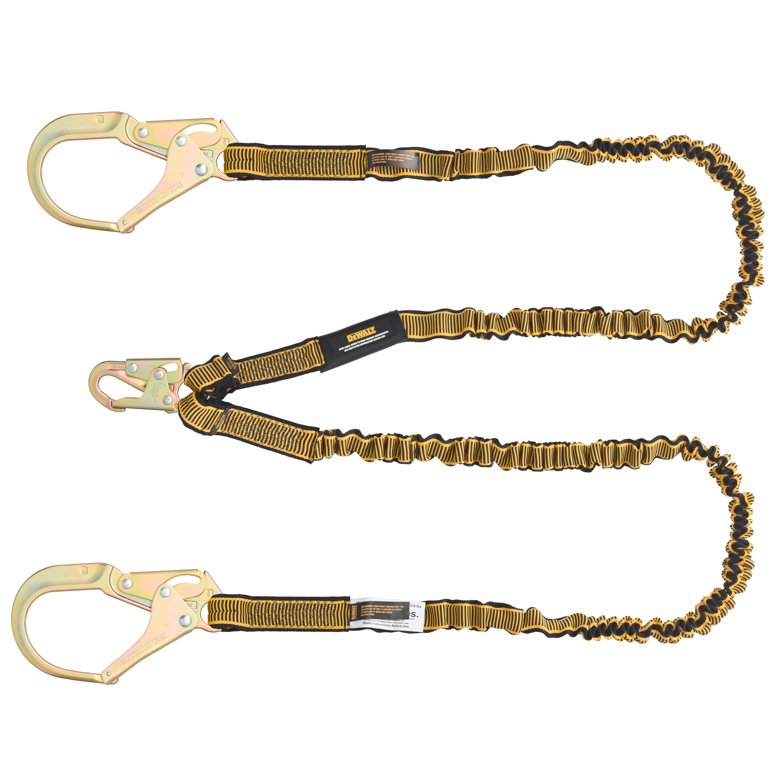 DEWALT 6 pies Lanyard, Doble, Absorbente Interno, Lanyard elástico de 4 a 6 pies con gancho de resorte de acero en el extremo del anillo D y ganchos de acero para barra en el extremo del anclaje DXFP613130
