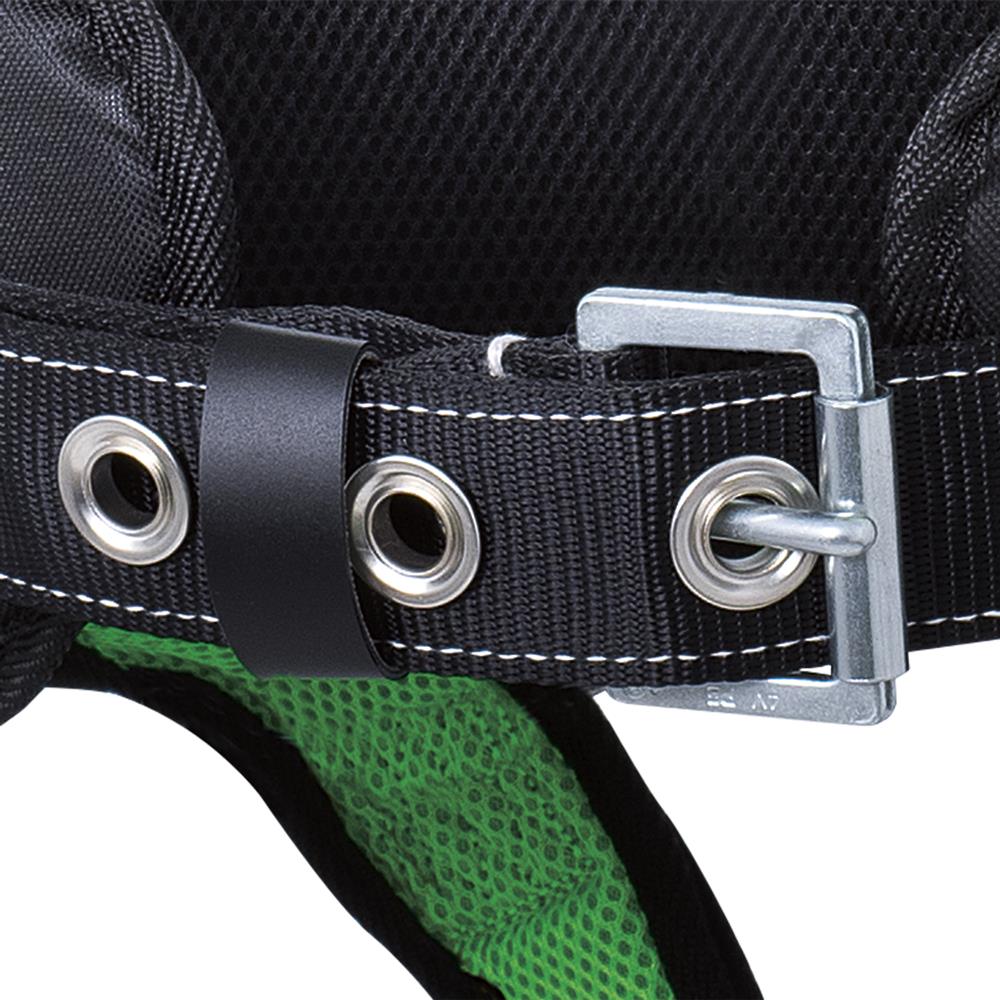 Arnés de seguridad de cuerpo entero PeakWorks con cinturón de posicionamiento, soporte lumbar acolchado, argollas en la espalda y los costados, hebillas de traba y visibilidad alta en color verde/negro, tamaño pequeño V8255621.