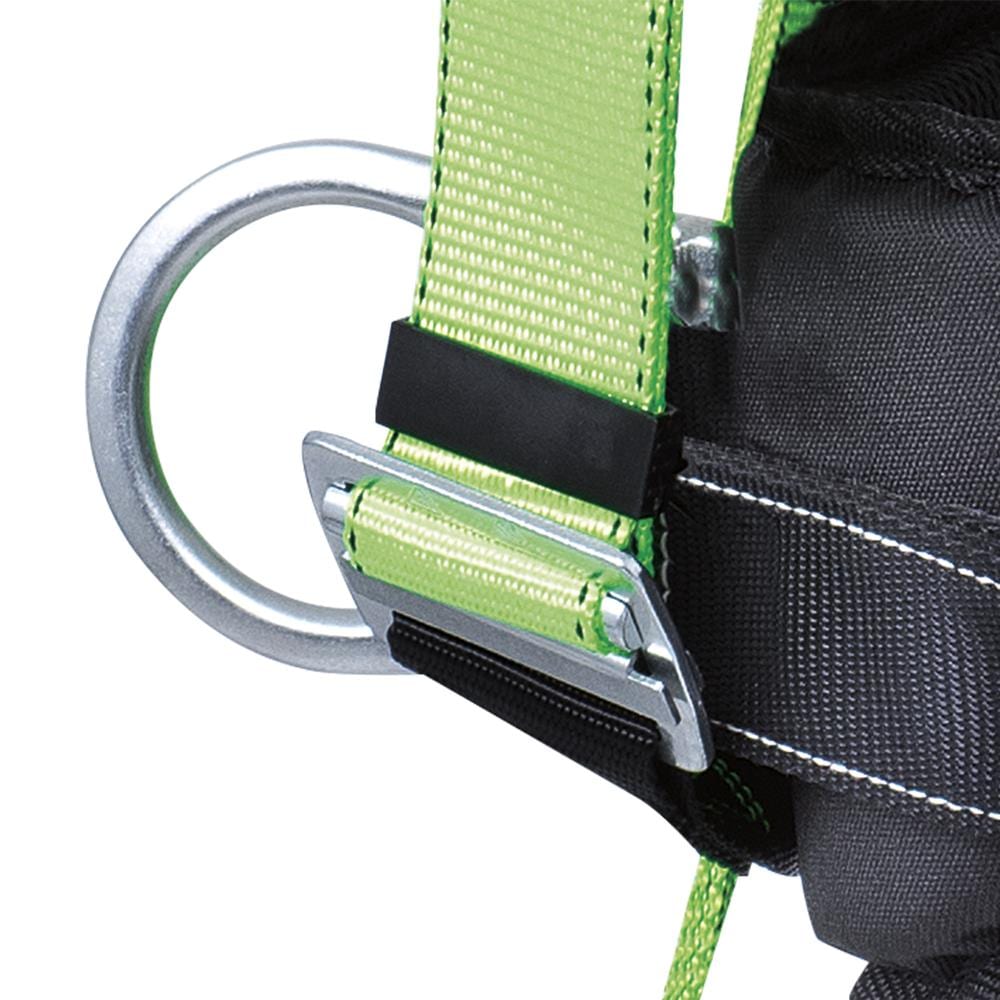 Arnés de seguridad de cuerpo entero PeakWorks con cinturón de posicionamiento, soporte lumbar acolchado, argollas en la espalda y los costados, hebillas de traba y visibilidad alta en color verde/negro, tamaño pequeño V8255621.