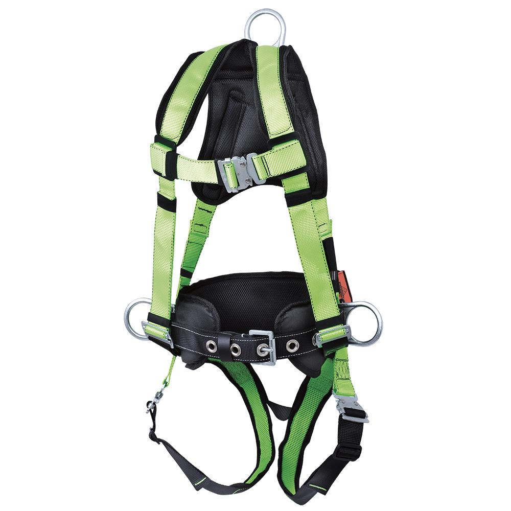 Arnés de seguridad de cuerpo entero PeakWorks con cinturón de posicionamiento, soporte lumbar acolchado, argollas en la espalda y los costados, hebillas de traba y visibilidad alta en color verde/negro, tamaño pequeño V8255621.
