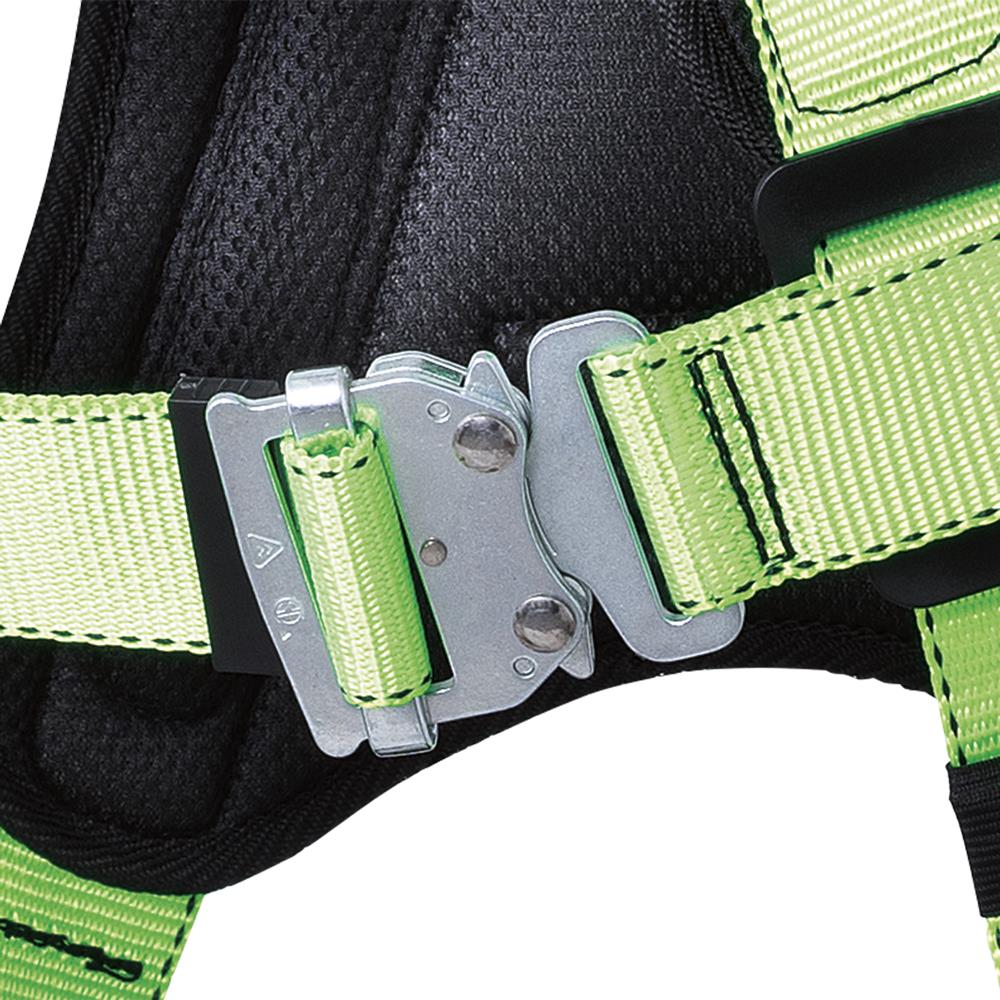 Arnés de seguridad de cuerpo entero PeakWorks con cinturón de posicionamiento, soporte lumbar acolchado, argollas en la espalda y los costados, hebillas de traba y visibilidad alta en color verde/negro, tamaño pequeño V8255621.