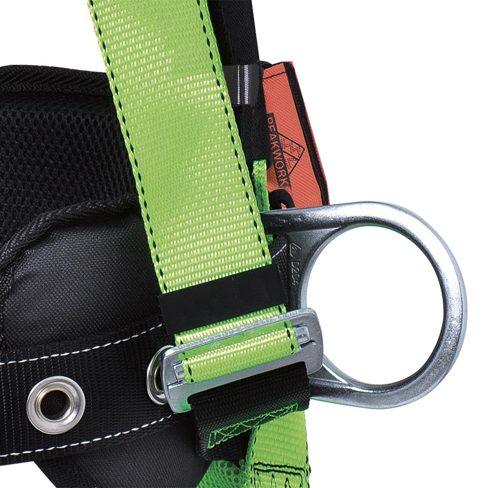 Arnés de seguridad de cuerpo entero PeakWorks con cinturón de posicionamiento, soporte lumbar acolchado, argollas en la espalda y los costados, hebillas de traba y visibilidad alta en color verde/negro, tamaño pequeño V8255621.